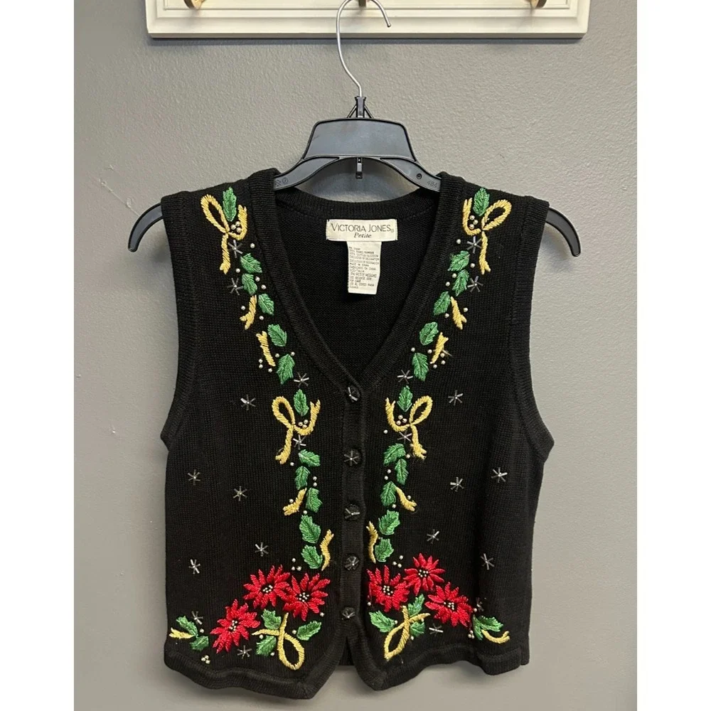 Vtg 90's Victoria Jones Christmas Sweater Sz M Petite Vest Blk Beaded Poinsettia